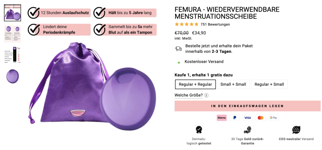 Das angebot auf der Webseite von femura